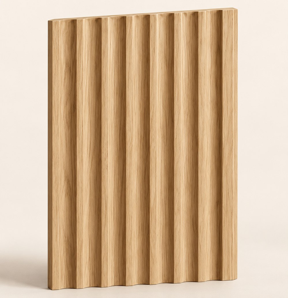 F-002 frameless oak front with oak edging — concept visualisation