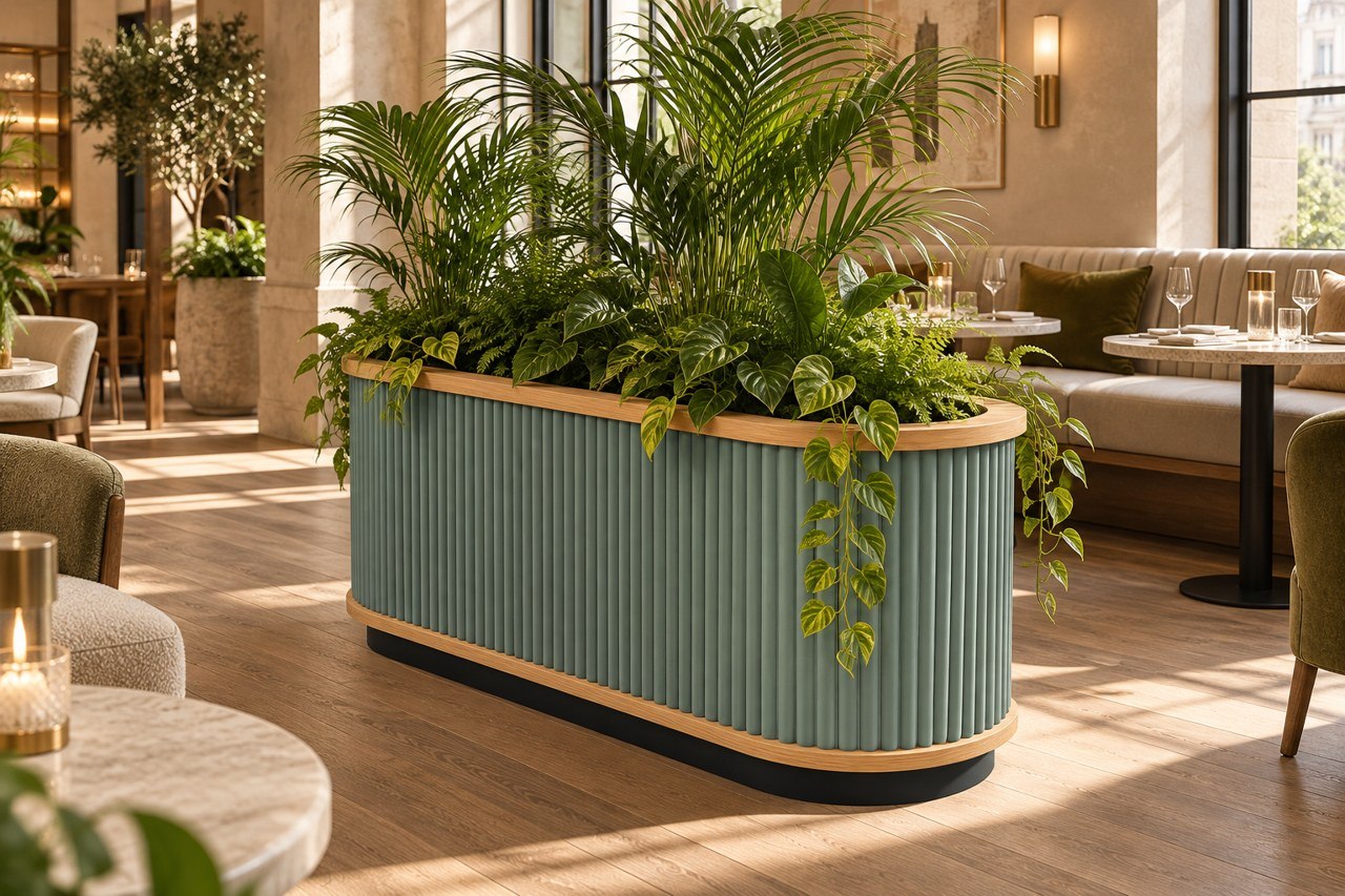 Decorative fluted planter in a furnished interior