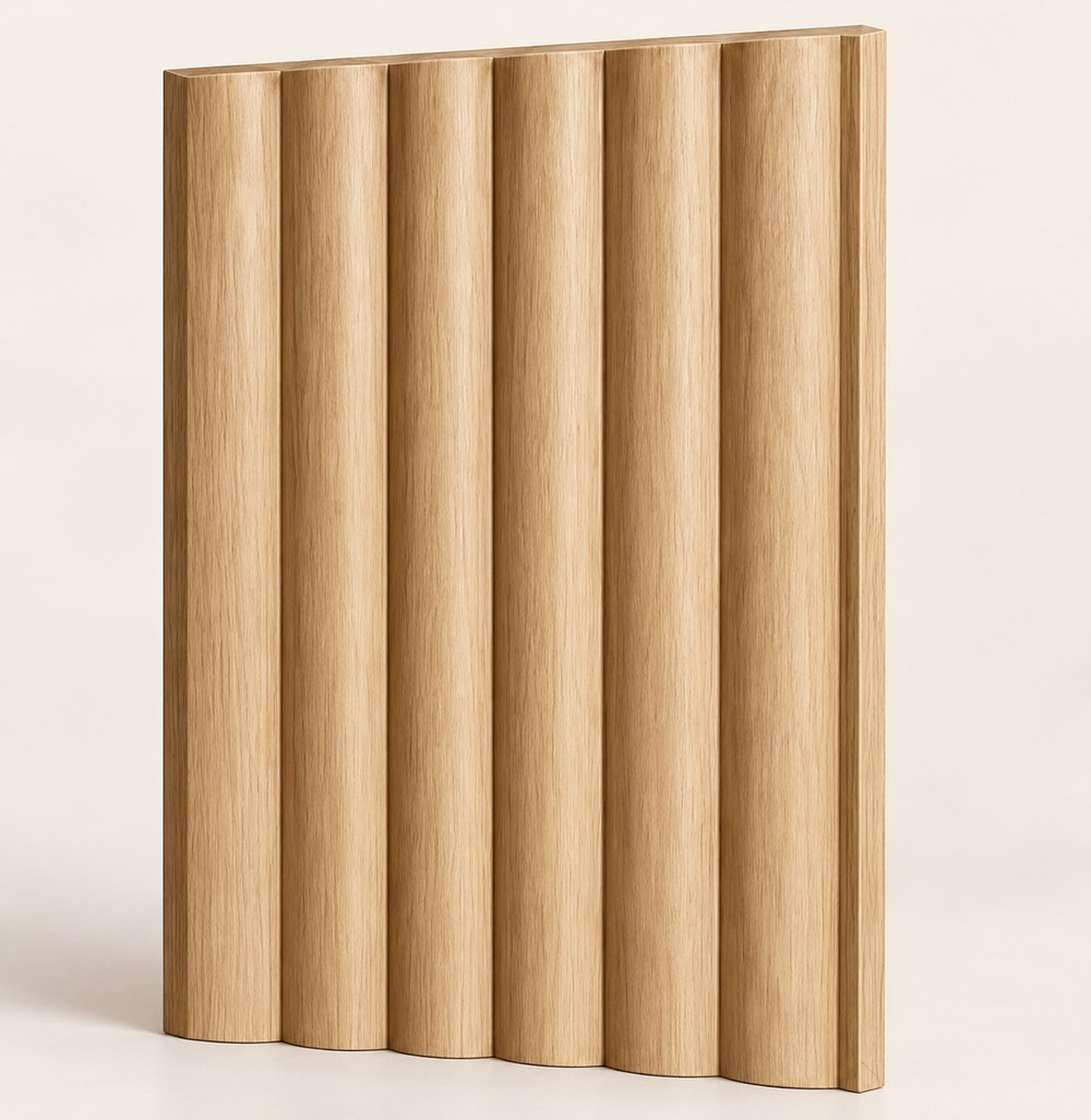 F-004 frameless oak front with oak edging — concept visualisation