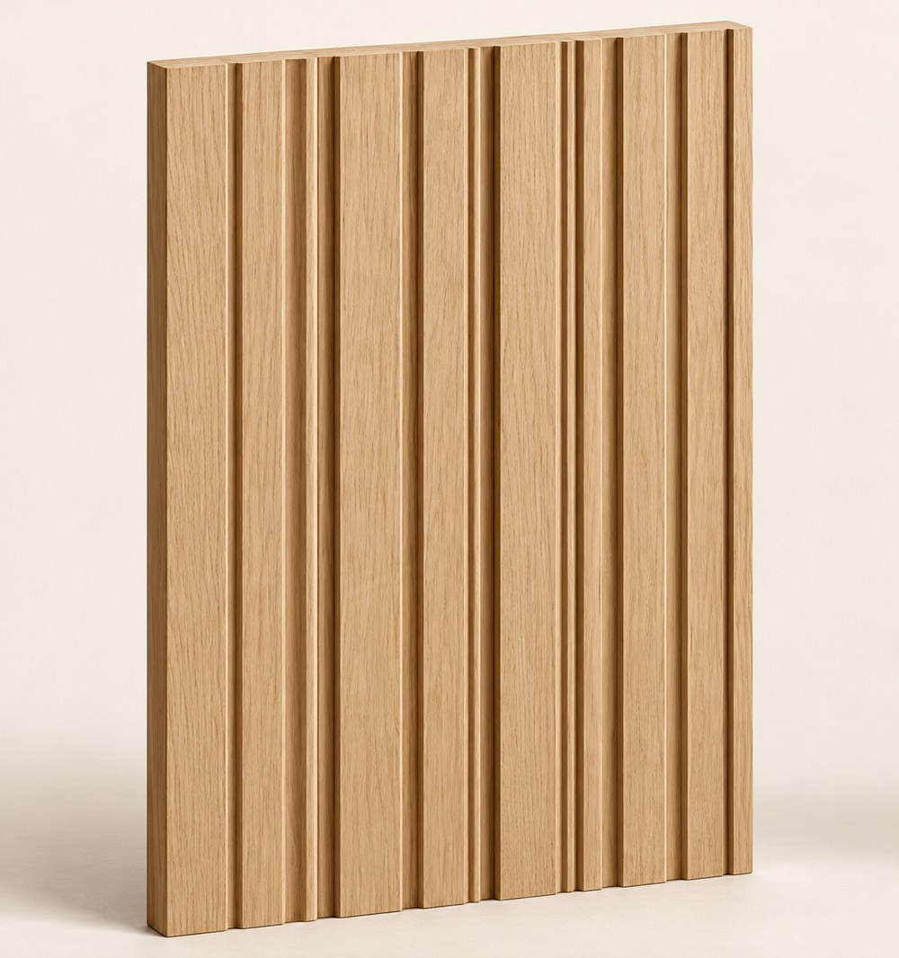 F-006 frameless oak front with oak edging — concept visualisation