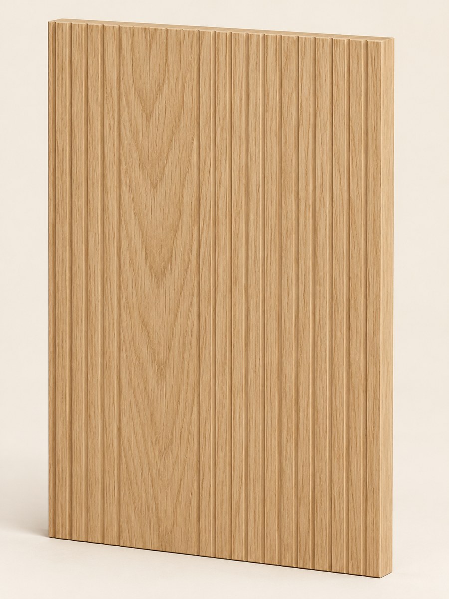 F-008 frameless oak front with oak edging — concept visualisation