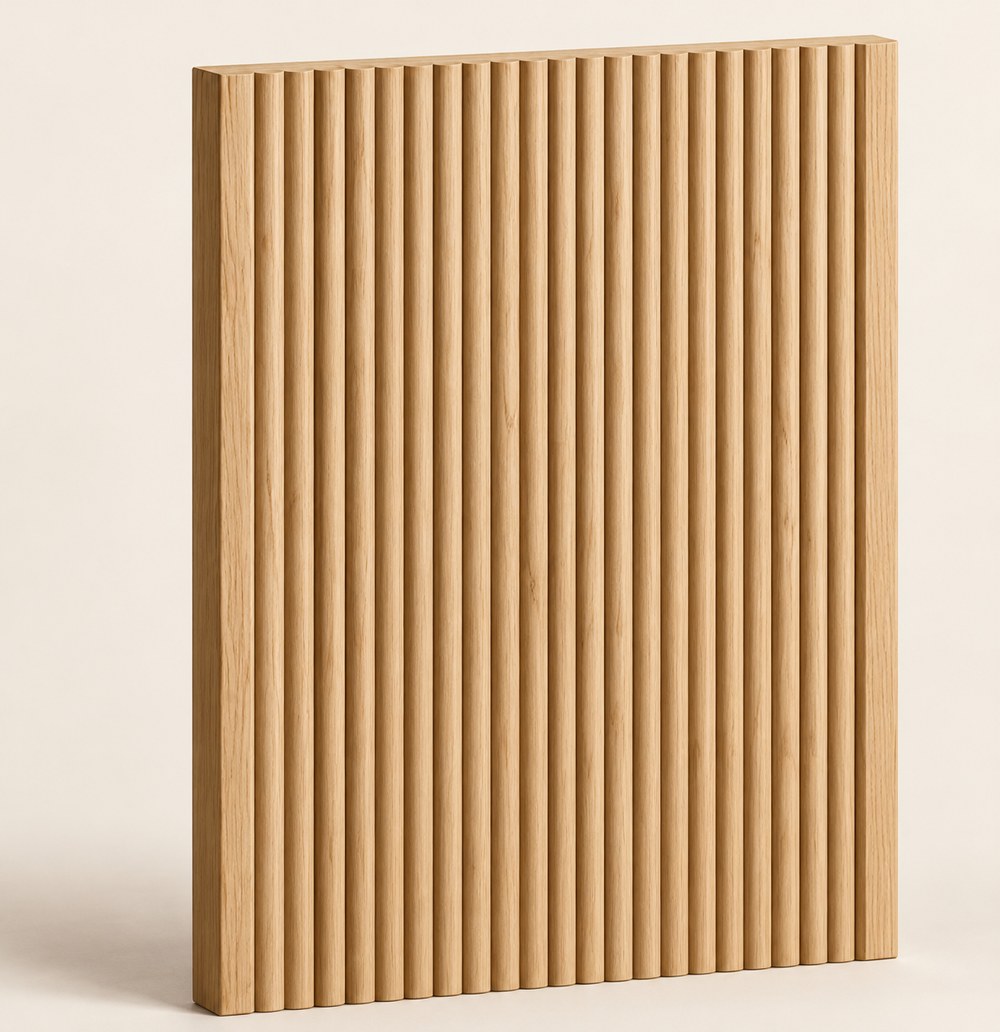 F-001 frameless oak front with oak edging — concept visualisation