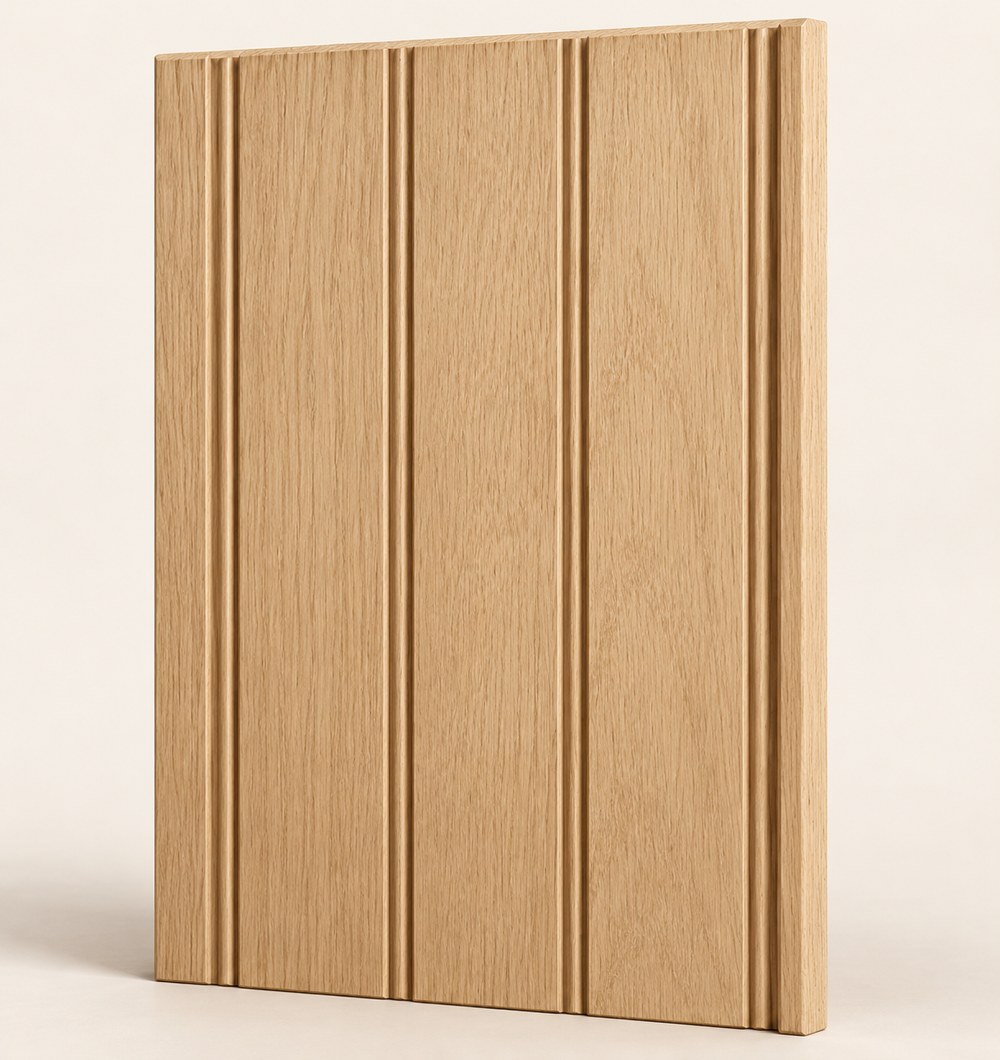 F-007 frameless oak front with oak edging — concept visualisation