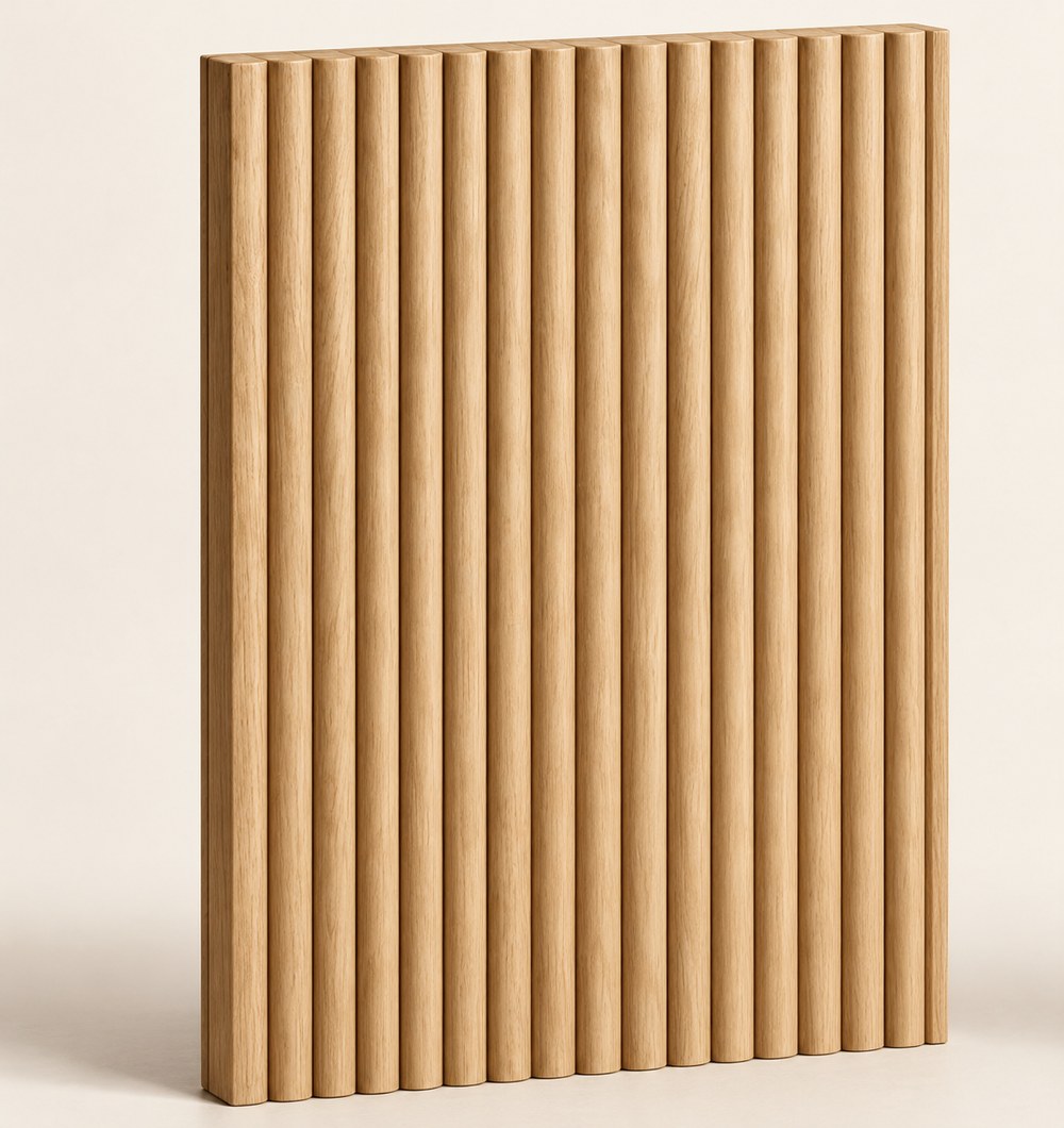 F-005 frameless oak front with oak edging — concept visualisation