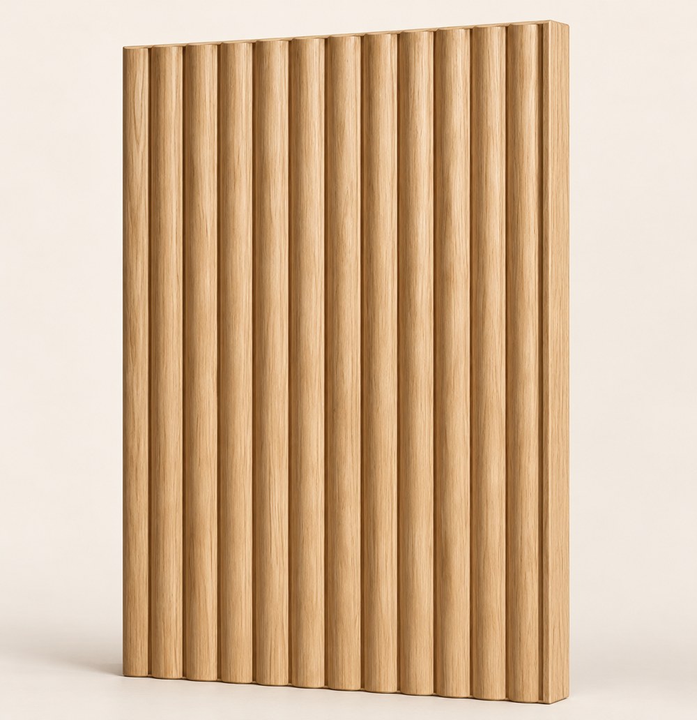 F-003 frameless oak front with oak edging — concept visualisation